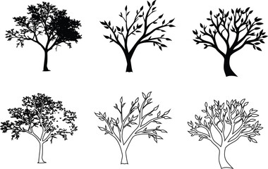 tree icons in outline, flat, and solid silhouettes. Perfect for eco, forest, and nature projects.