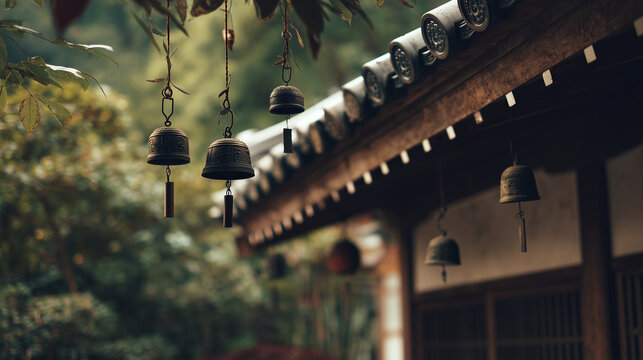 Wind chimes hanging from temple eaves, swaying in the breeze, peaceful Japannese traditional temple, photo style