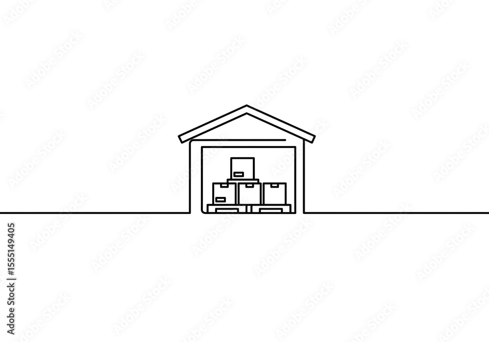 Aufkleber a minimalist line drawing of a warehouse with boxes stacked on a pallet inside the building structur