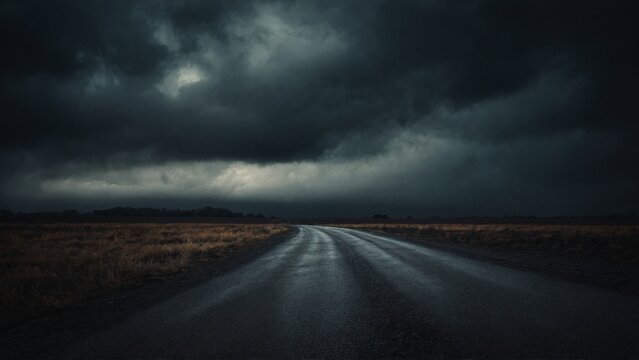 Gloomy storm clouds over a black asphalt highway road with empty rural field ominous spooky dark landscape