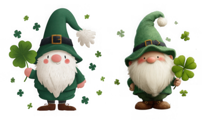 Two adorable cartoon gnomes holding shamrocks are isolated on transparent background, celebrating st patricks day with a whimsical charm