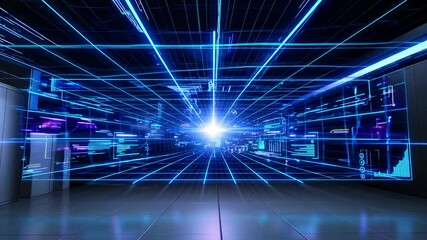 bright technology perspective grid, bluish hues, glowing interface panel, background resembling an office space or server room - Powered by Adobe