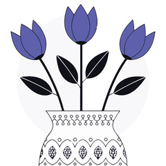 Pink tulip flowers in a decorative vase with green leaves, a beautiful spring nature illustration