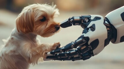 Small Tan and White Dog Touches Noses with a Robot Hand