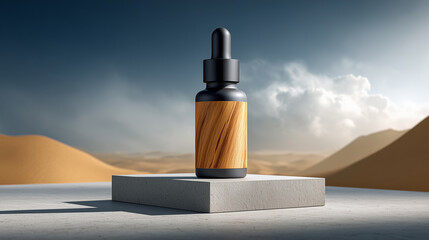 Matte black wooden dropper bottle in a desert-inspired product display. Luxury Dropper Bottle with Wooden Label – Desert Minimalism Aesthetic