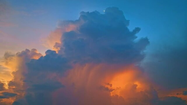 Aerial view of The huge rain clouds at sunset are beautiful colorful with lightning flashing. The orange sunlight shines through the clouds, looking terrifying.
