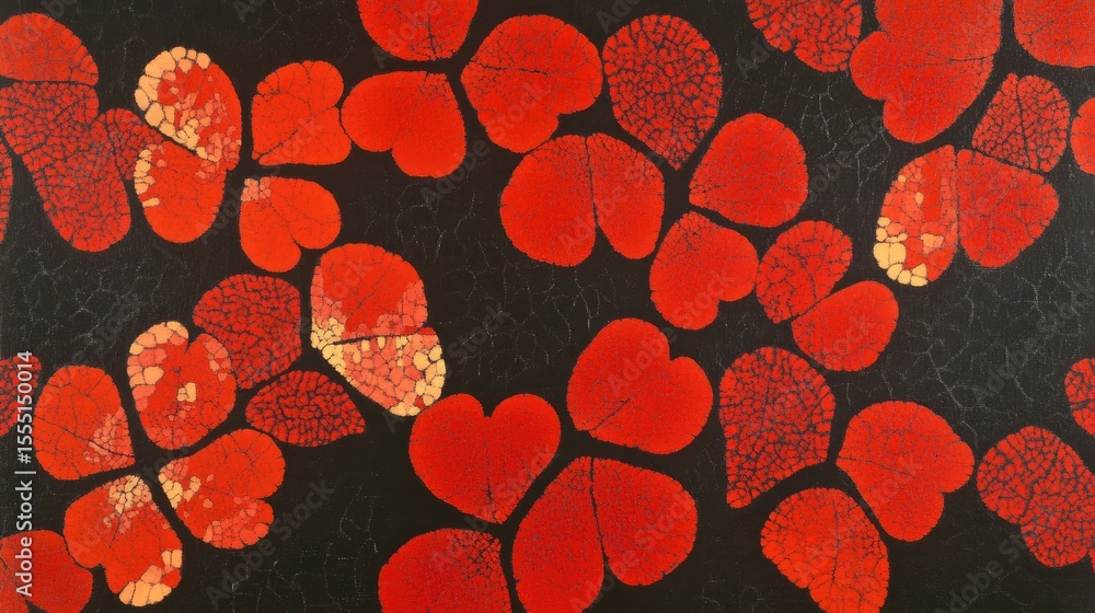 Poster intricate design of red leaf-like shapes on a dark background.