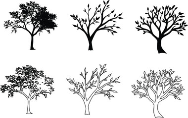 tree icons in outline, flat, and solid silhouettes. Perfect for eco, forest, and nature projects.