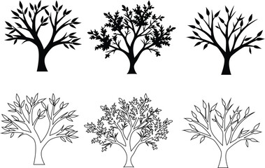 Flat tree vector icons pack. Includes outline and silhouette versions for web, UI, and nature themes.