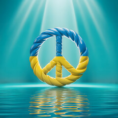 This breathtaking 3D render symbolizes the end of the war, featuring a twisted peace sign in Ukrainian flag colors, reflected on a serene water surface under dramatic light beam