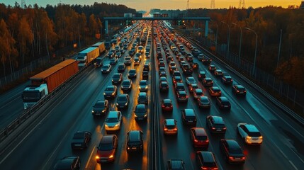 Dense Highway Traffic Jam with Many Cars and Trucks at Dusk