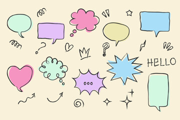 Cartoon hand drawn speech bubbles set.