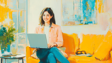 A happy professional woman working in a bright co-working space, smiling while typing on her laptop, casual but polished outfit