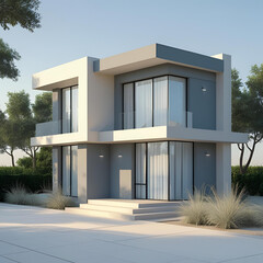 Modern wooden home with large windows and a balcony, set against a summer sky