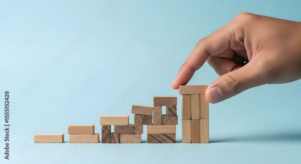 Poster building blocks growth, strategy, and progress visualized with wooden blocks