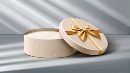 Open round gift box with a gold ribbon and bow on a surface