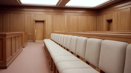 A deserted courtroom with wooden paneling and upholstered seating, reflecting justice systems, legal proceedings, and courtroom architecture features juror seats and litigation space