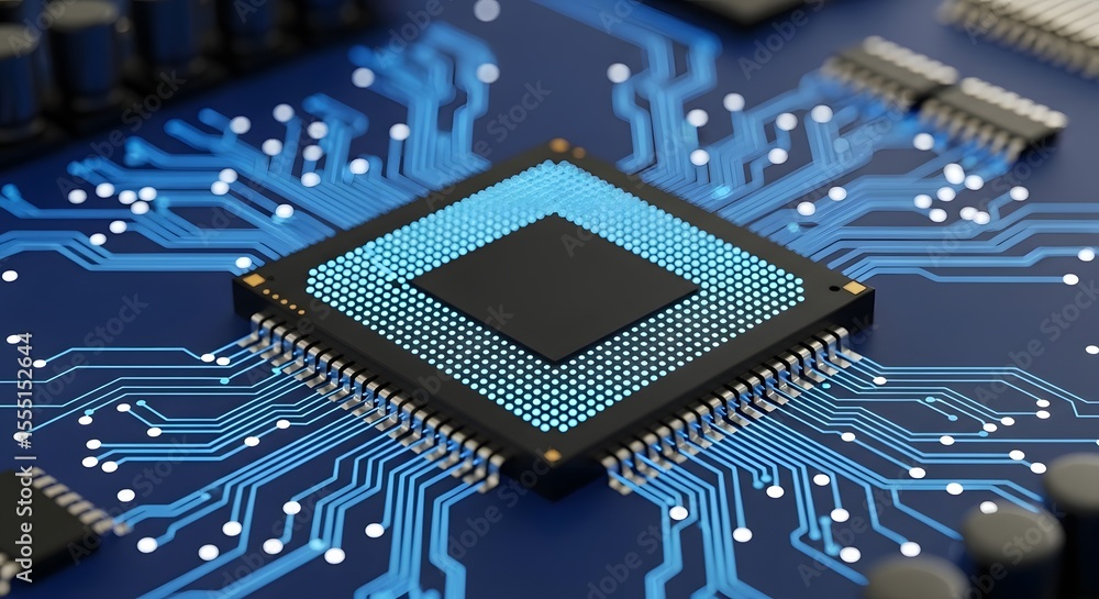 Poster high-resolution close-up of a modern microprocessor chip on a circuit board