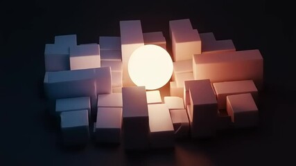 Abstract composition featuring a glowing sphere surrounded by geometric blocks in a dark setting - Powered by Adobe