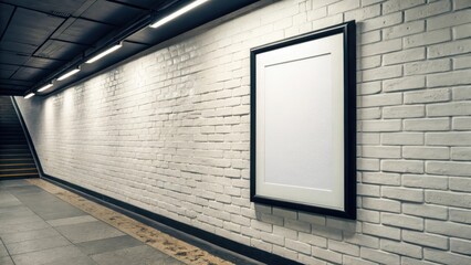 Empty frame on a brick wall in an urban underground hallway
