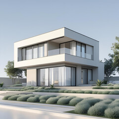 Modern residential architecture featuring a house with a garden and sky views, showcasing its urban exterior design and contemporary construction