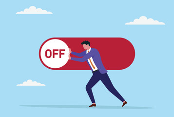 Vector illustration of a businessman trying to move a button switch from ON to OFF, symbolizing making tough decisions, pausing work, taking a break, or seeking balance in business
