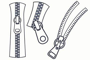 Collection of closed and open zipper icons with fasteners. Great for clothing, textile, and fashion-related designs. Flat vector illustrations for easy integration.