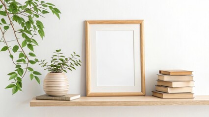 Picture frame with plant and books on a shelf against white wall