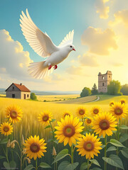 end of the Russia-Ukraine war, featuring a white dove soaring over a vibrant field of sunflowers and golden wheat, with a rustic house and ancient ruins under a hopeful sunset