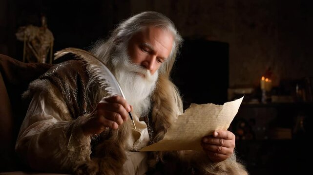 A scene where an old man, resembling Santa Claus or a wise man, is writing intently, using traditional writing utensils, a quill and parchment.
