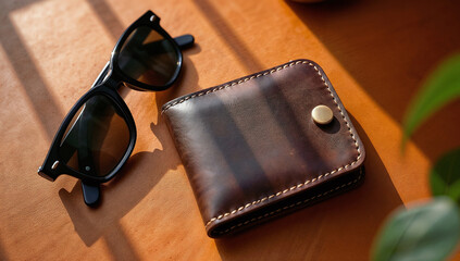 Classic men's accessories, a brown leather wallet and sunglasses, on a sunlit table, men's everyday carry (EDC) essentials