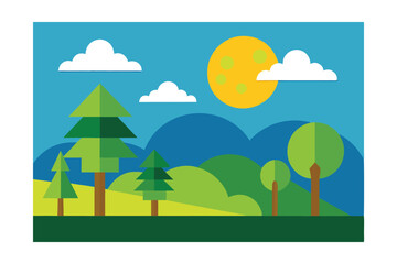 Fototapeta premium Serene Landscape Sunny Day, Green Hills, and Majestic Trees
