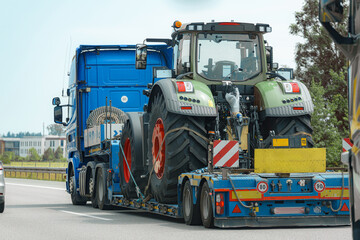 Transport of large agricultural tractor on highway during sunny day with clear blue sky