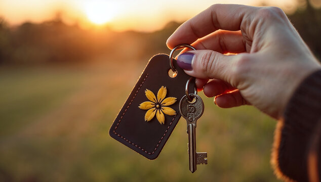 Woman's hand holds house keys on a decorative flower keychain at golden hour sunset, new beginnings with keys in golden light