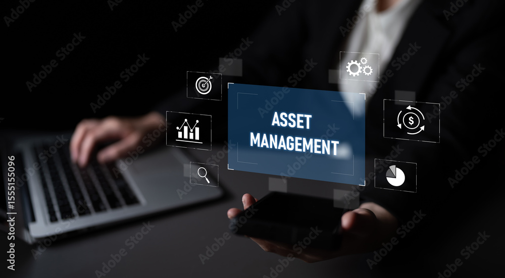 Poster asset management system showing investment planning, financial goal tracking, roi analysis, and perf