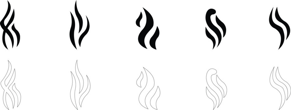 Aromas vaporize icon set trendy flat hand drawn line comic doodle. Smells vector, hot aroma air fragrance , stink or cooking steam symbols, smelling vapor, smoking or odors. cloud or wind silhouette.