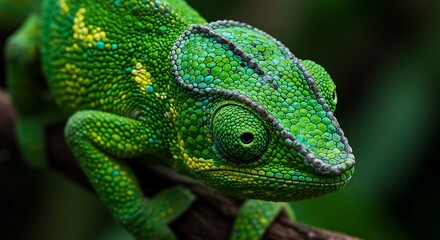 Fototapeta premium Vibrant Green Chameleon Close-Up: Tropical Reptile Portrait