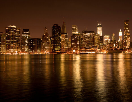 Lower Manhattan at night with a gold filter