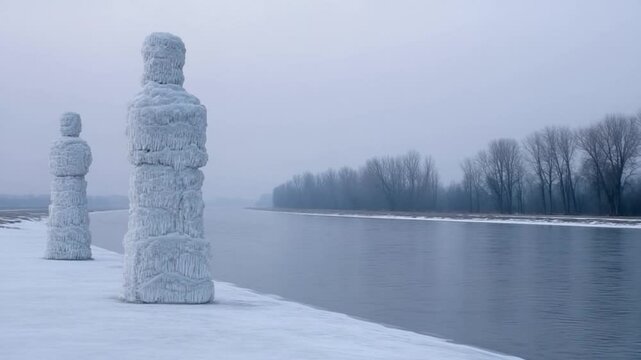 Snow-covered statues stand vigil by a tranquil winter river, embodying solitude and serenity frost and statuesque evoke ethereal beauty