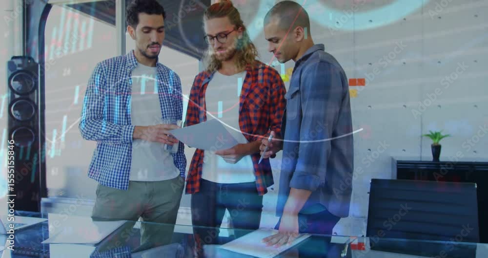 Poster lead analyst pointing chart initiating animated financial overlays while team scanning report