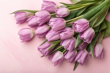 Obraz premium Bouquet of violet delicate tulips on pink background, Top view