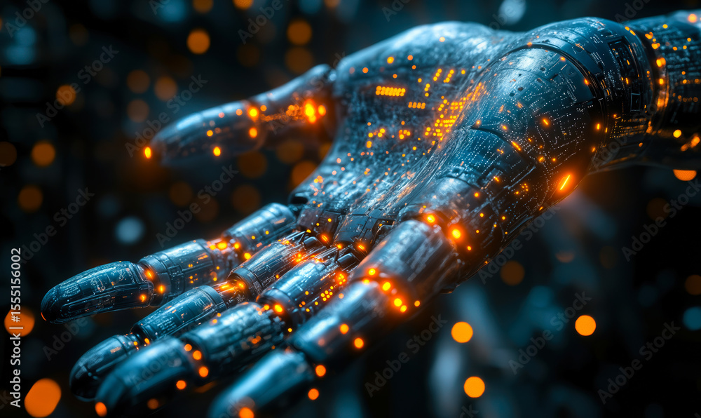 Poster futuristic robotic hand palm open with glowing orange digital circuits and blue metallic surface in 