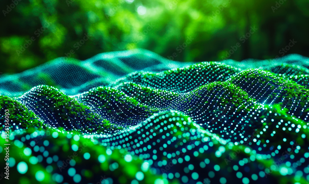 Poster abstract digital landscape with green glowing particles and wave patterns representing data flow and