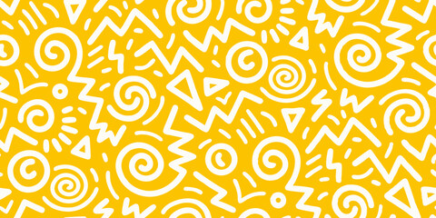Fototapeta premium Memphis geometric seamless pattern. Pink pastel abstract background in retro 80s, 90s style with various shapes: circles, semicircles, dots, zigzags, spirals, wavy lines. Cute kid doodle design.