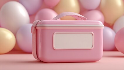 Photo of a pink lunchbox with an empty white label, surrounded by pastel-colored balloons on a soft background. Web banner with copy space in the right bottom corner.