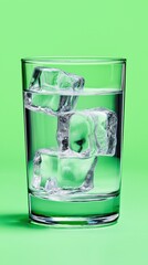 Glass of water with ice cubes against vibrant green background