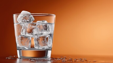 Refreshing glass of ice water against a vibrant orange background