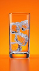 Glass with ice cubes against vibrant orange background
