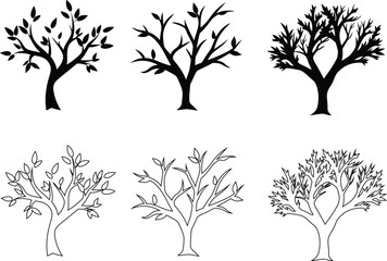 Nature tree symbol set. Includes flat, outlined, and filled tree icons for graphic design and logos.