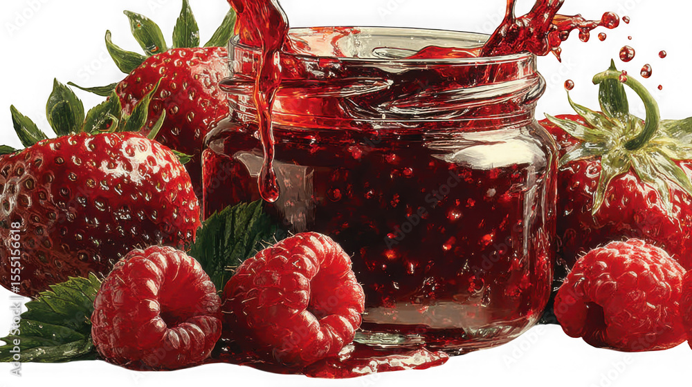 Aufkleber strawberry and raspberry jam pouring from a jar isolated on transparent background